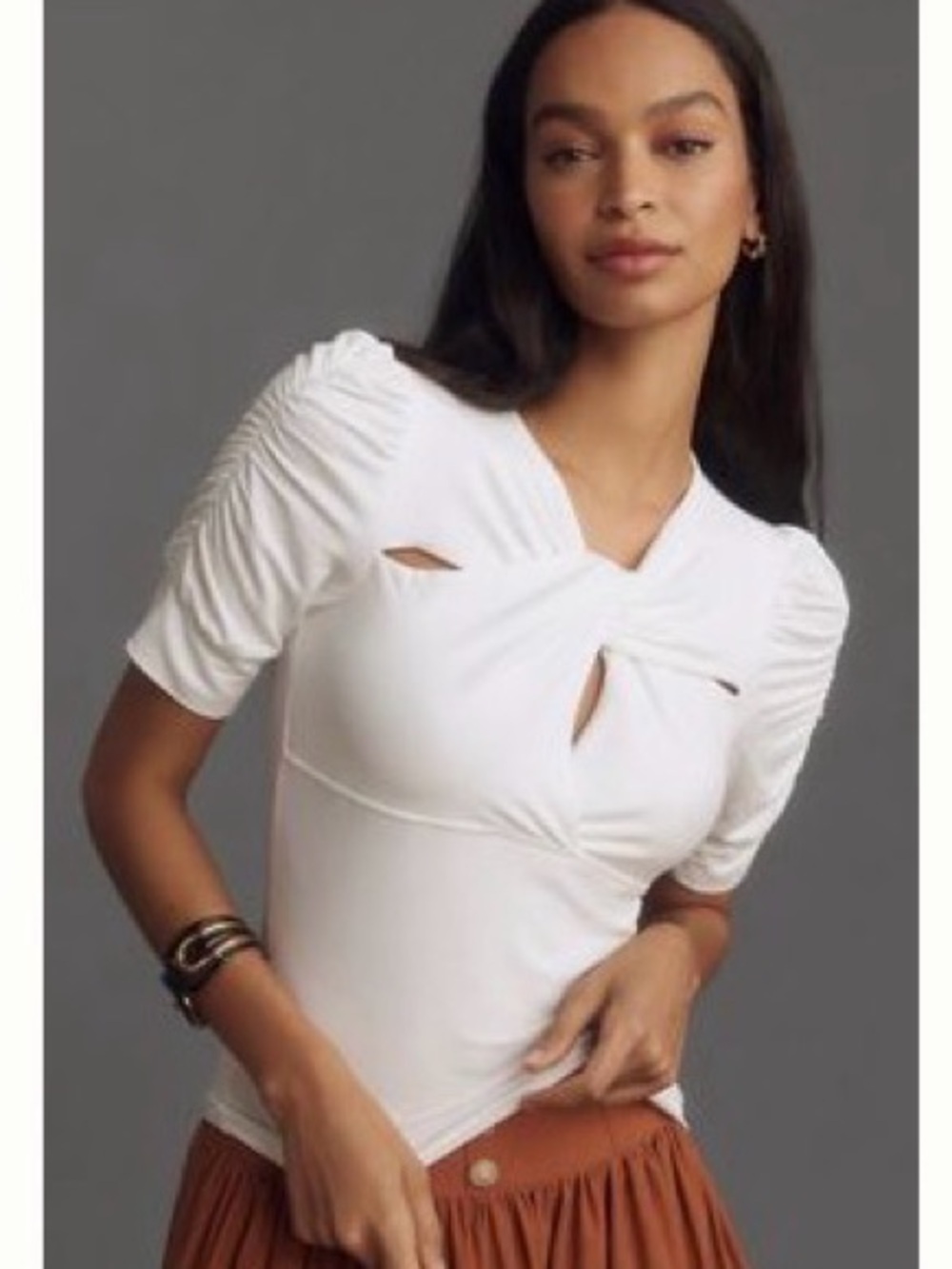NWT Walter Baker White Ruched Sleeve Twist-Keyhole Women's Top